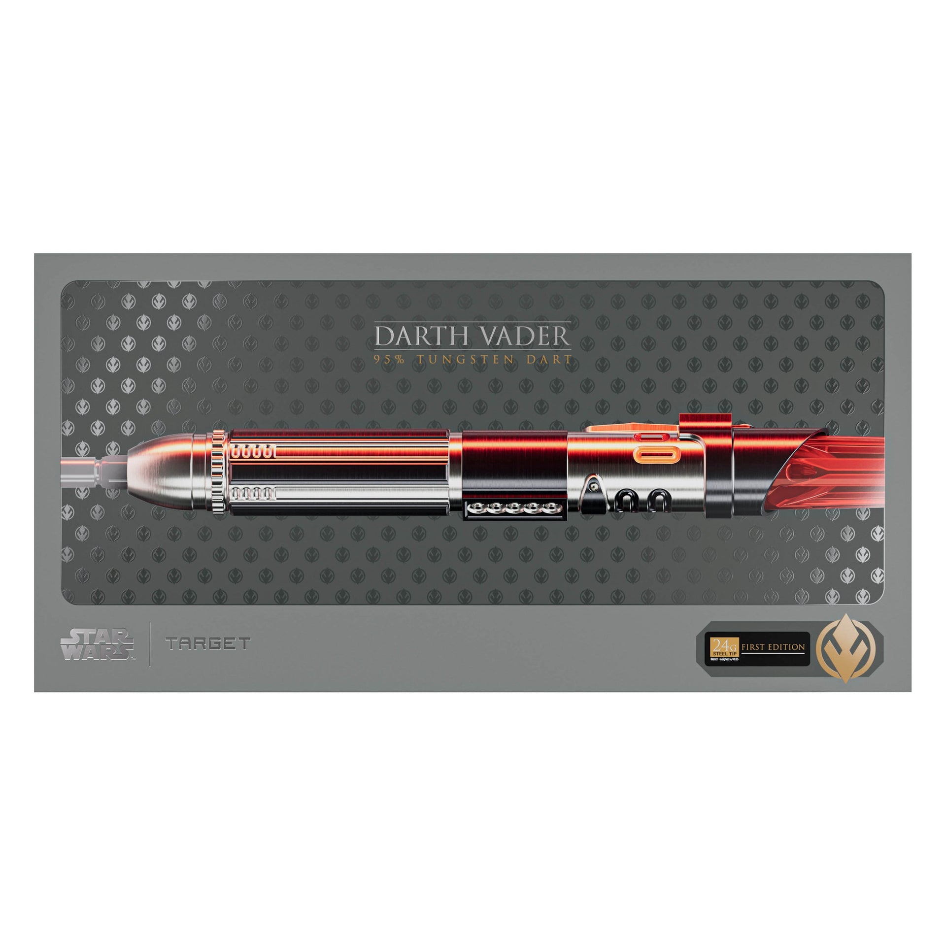 Darth Vader lightsaber dart on a Target branded display box top view of box.