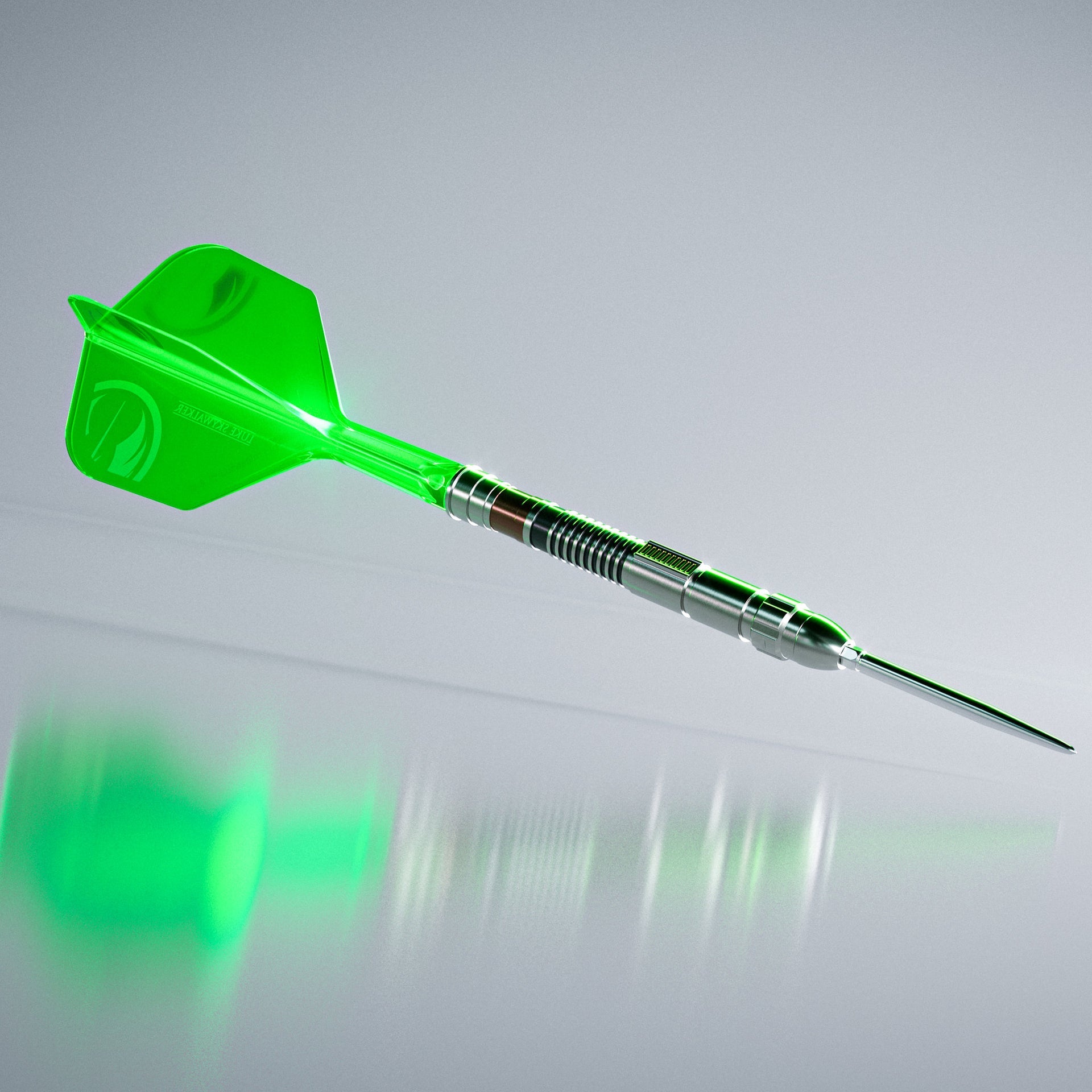 Green dart with a metallic shaft on a reflective surface