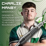 Charlie Manby in a green and white sports jersey holds a custom silver darts shaft over his shoulder. The background is green with text reading 'CHARLIE MANBY' and 'GENERATION 1 DESIGNED IN PARTNERSHIP WITH "CHAMPAGNE CHARLIE" TO HIS EXACT REQUIREMENTS'.