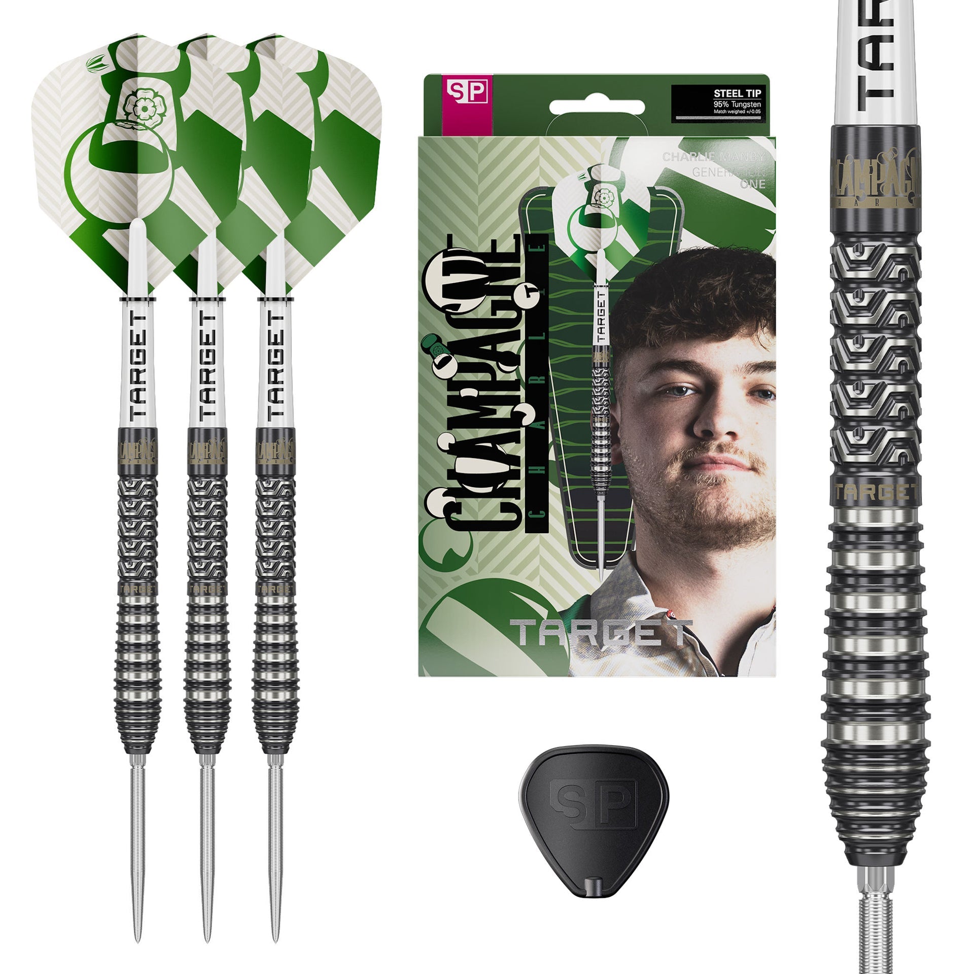 Charlie Manby SP 95% Tungsten Dart set with three green and white patterned flights, silver ribbed barrels, a close-up of the dart tip, retail packaging, and a black SP tool, all on a white background.