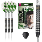 Charlie Manby SP 95% Tungsten Dart set with three green and white patterned flights, silver ribbed barrels, a close-up of the dart tip, retail packaging, and a black SP tool, all on a white background.