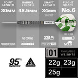 Technical product information graphic for a dart, showing a dart horizontally across a gray panel with labeled dimensions and features: point length 30mm, barrel length 48.5mm, shaft length 34mm short, flight shape No.