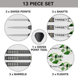 A 13-piece set of dart shafts, points, barrels, and flights arranged in a labeled infographic on a white background with a gray header. The graphic shows three swiss points, three shafts, one swiss point tool, three barrels, and three flights, with Target branding visible on the barrels and flights.