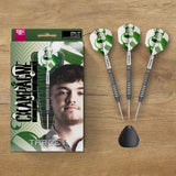 Charlie Manby SP 95% Tungsten Darts with green and white patterned flights and silver barrels, displayed next to their retail packaging on a light wood surface. 