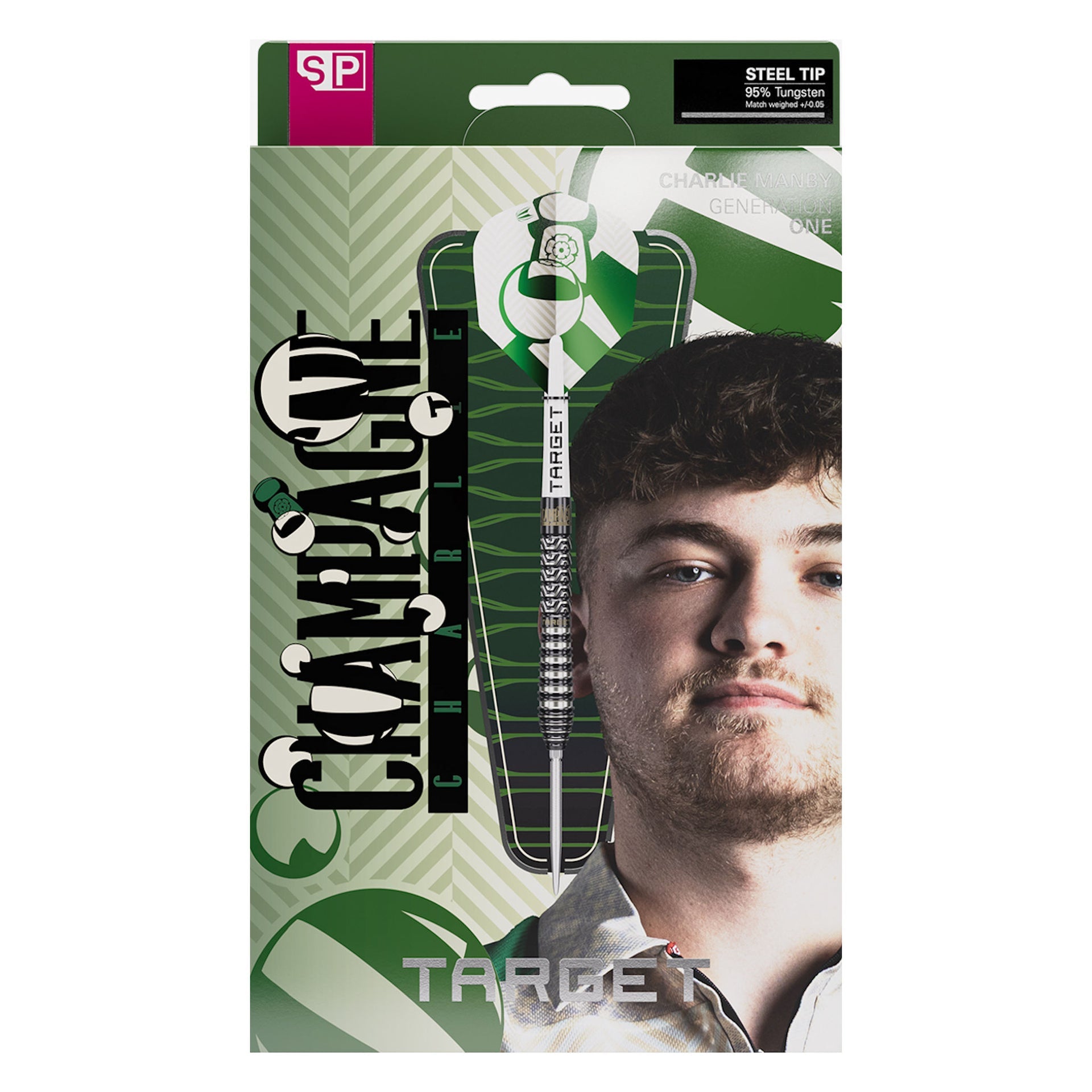 Charlie Manby SP 95% Tungsten Darts in retail packaging, featuring a green and white patterned box with Charlie's face and the product name 'Champagne One'.