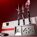 Elysian Archetype 43 SP 95% Tungsten close up of darts in 43 block dart stand