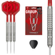 Darts with silver tungsten barrels, ribbed grip, red flights and integrated shafts, packaged as Hydro 90% SP Tungsten set.