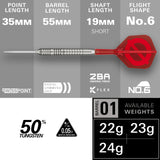 Dart with a silver grooved tungsten barrel, red No.6 flight and shaft; Hydro 90% SP Tungsten features shown.