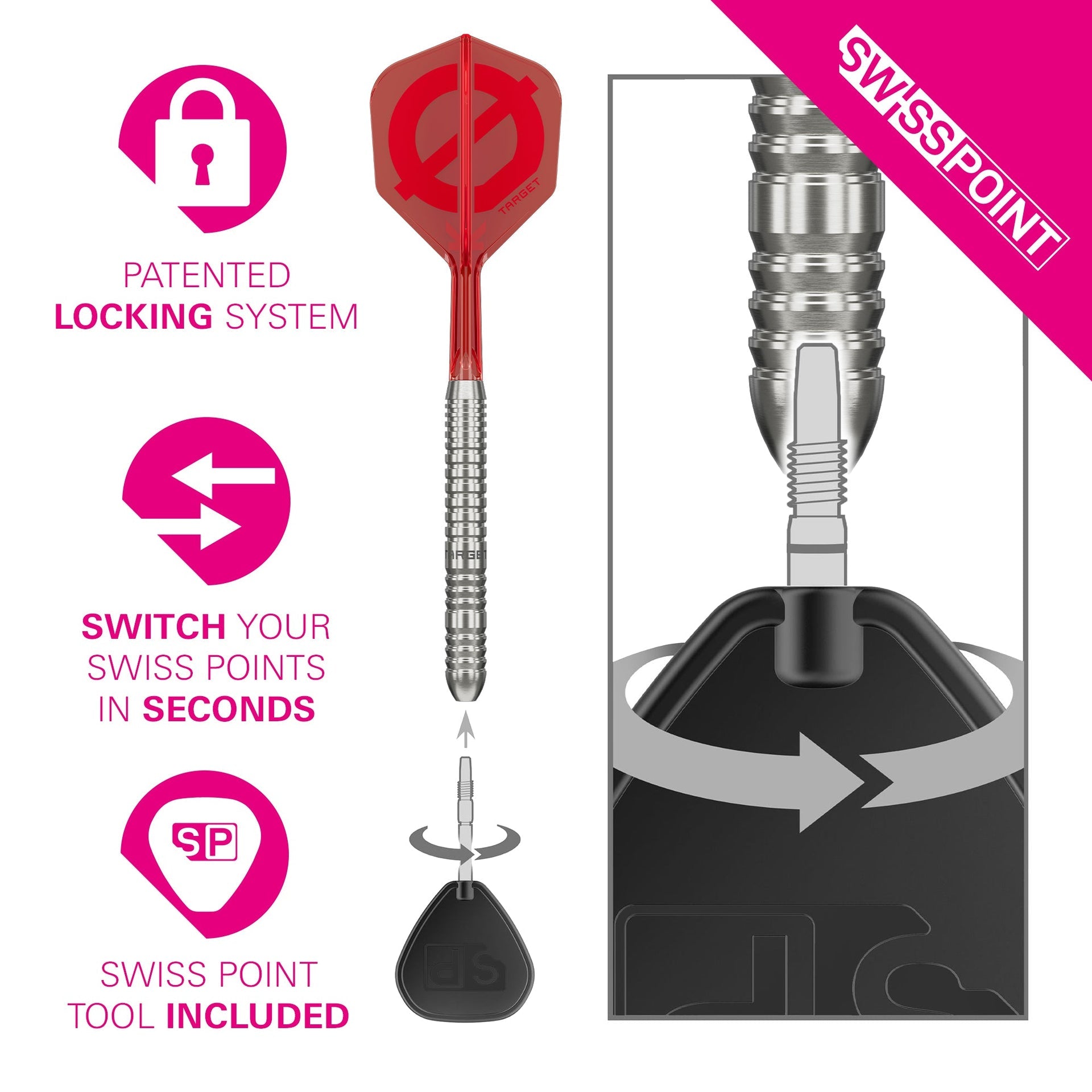 Tungsten darts with silver ringed barrels, red flights and shafts, and a Swiss Point locking system; Hydro 90% SP Tungsten