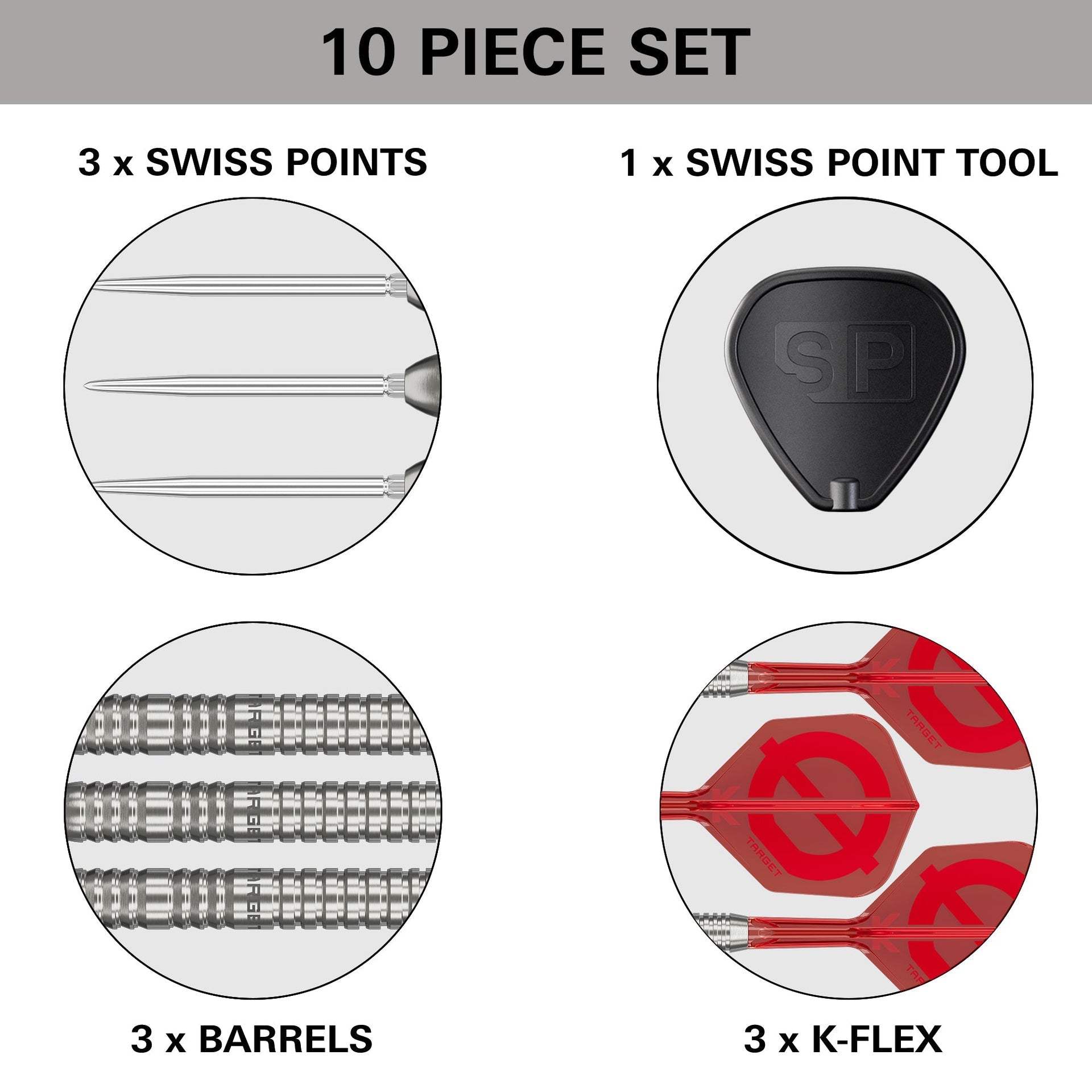 Dart set with three silver knurled barrels, silver points, red K-Flex flights and shafts, and a black tool; Hydro 90% SP Tungsten
