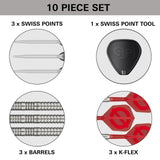Dart set with three silver knurled barrels, silver points, red K-Flex flights and shafts, and a black tool; Hydro 90% SP Tungsten