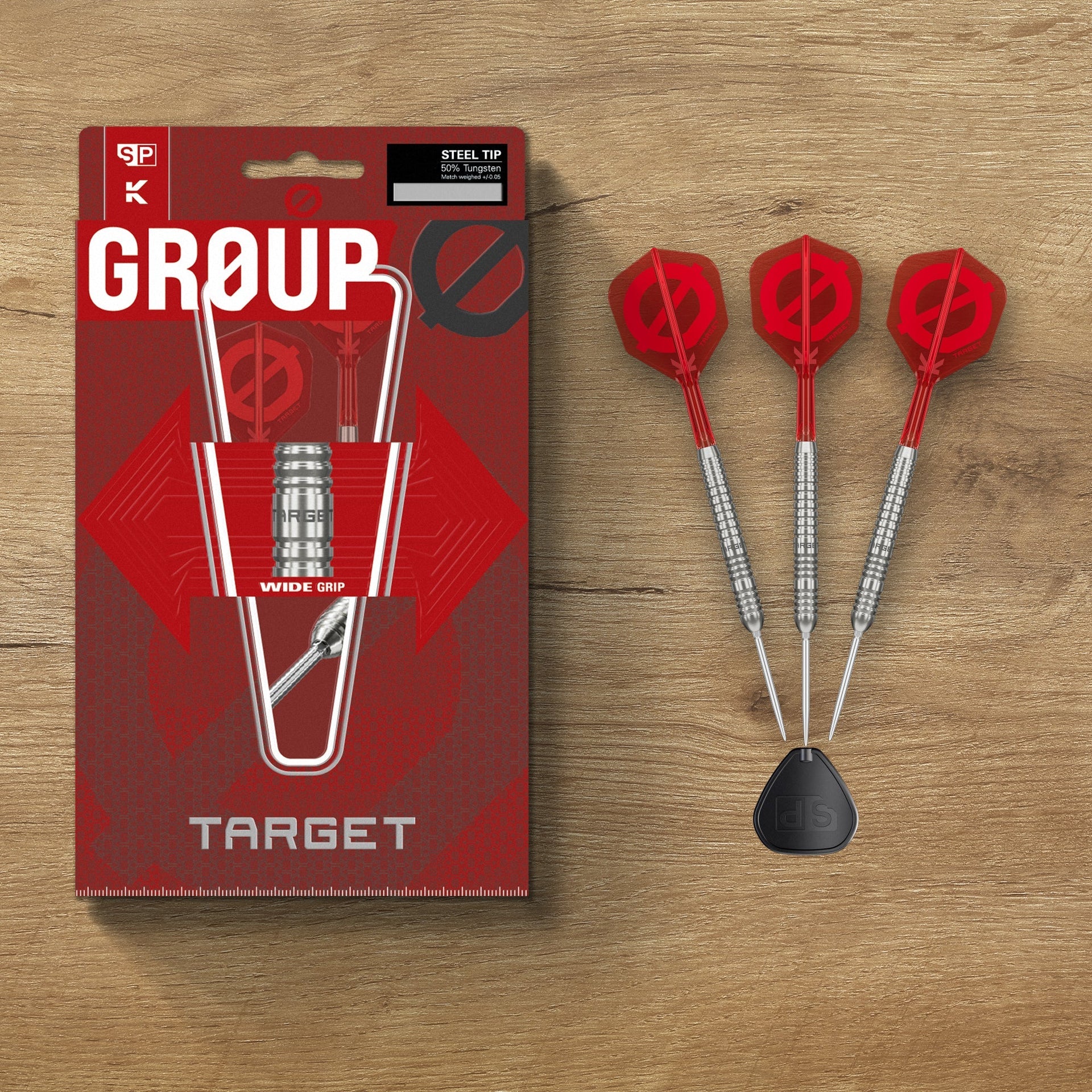 Darts with silver knurled barrels, red flights and steel tips, beside red packaging; Hydro 90% SP Tungsten set