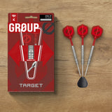 Darts with silver knurled barrels, red flights and steel tips, beside red packaging; Hydro 90% SP Tungsten set