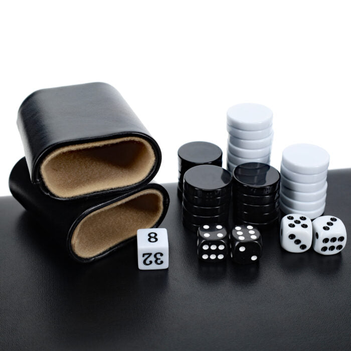 15" Backgammon Black by WE close up of the backgammon cups, dice and backgammon pieces.