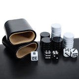 15" Backgammon Black by WE close up of the backgammon cups, dice and backgammon pieces.