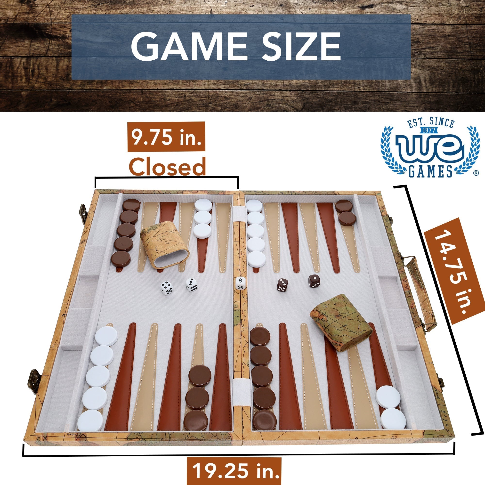 15" Backgammon Tan World Maple by WE showing the dimensions of the game.