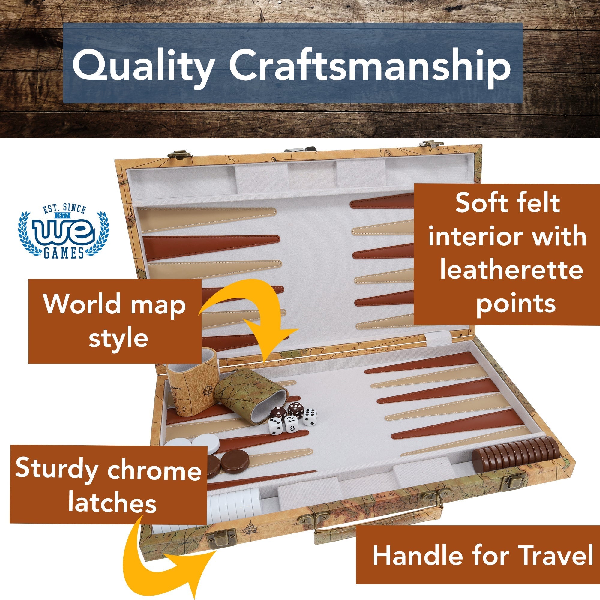 15" Backgammon Tan World Maple by WE showing the features.