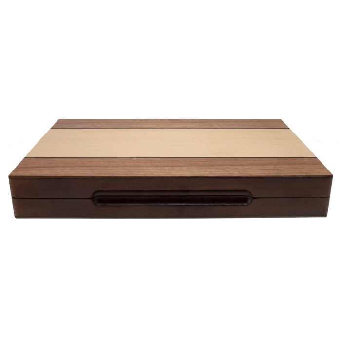 12" Backgammon Walnut Stain Wood WE case shown closed and flat