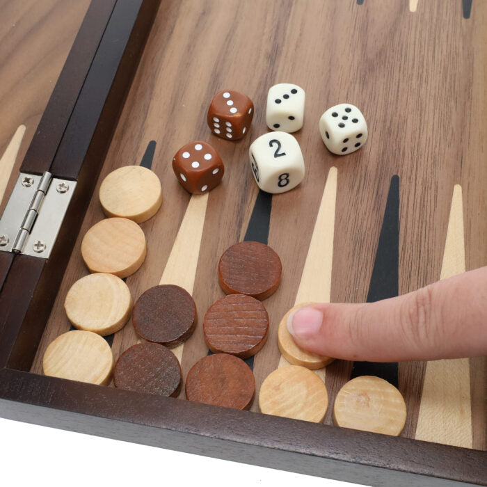 12" Backgammon Walnut Stain Wood WE close up of board, chips and dice.
