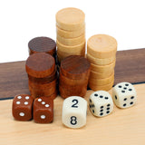 12" Backgammon Walnut Stain Wood WE close up of chips and dice.