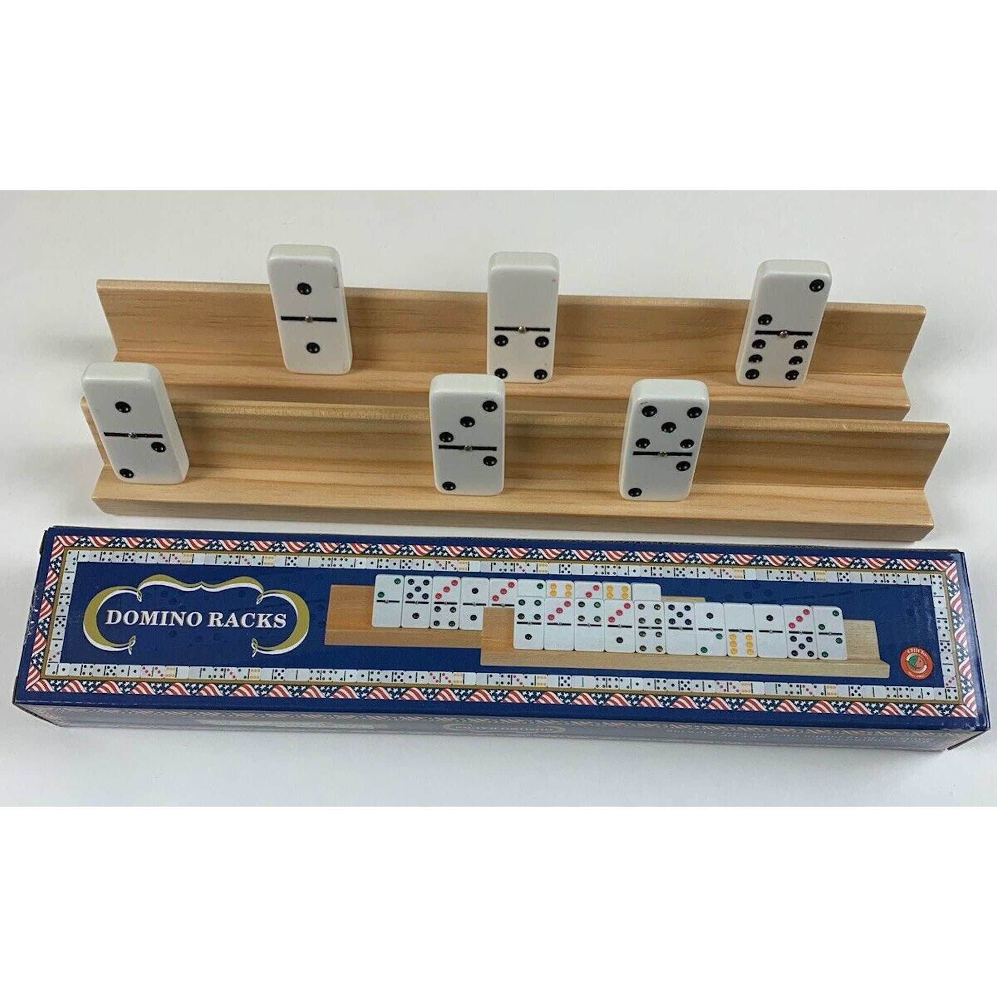 Dominoes Wooden Rack showing 2 racks and packaging and tiles in use.