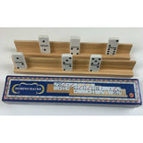 Dominoes Wooden Rack showing 2 racks and packaging and tiles in use.