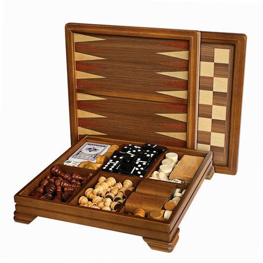 Walnut 7-Games-in-1 Combination Game Set open showing 7 game options.