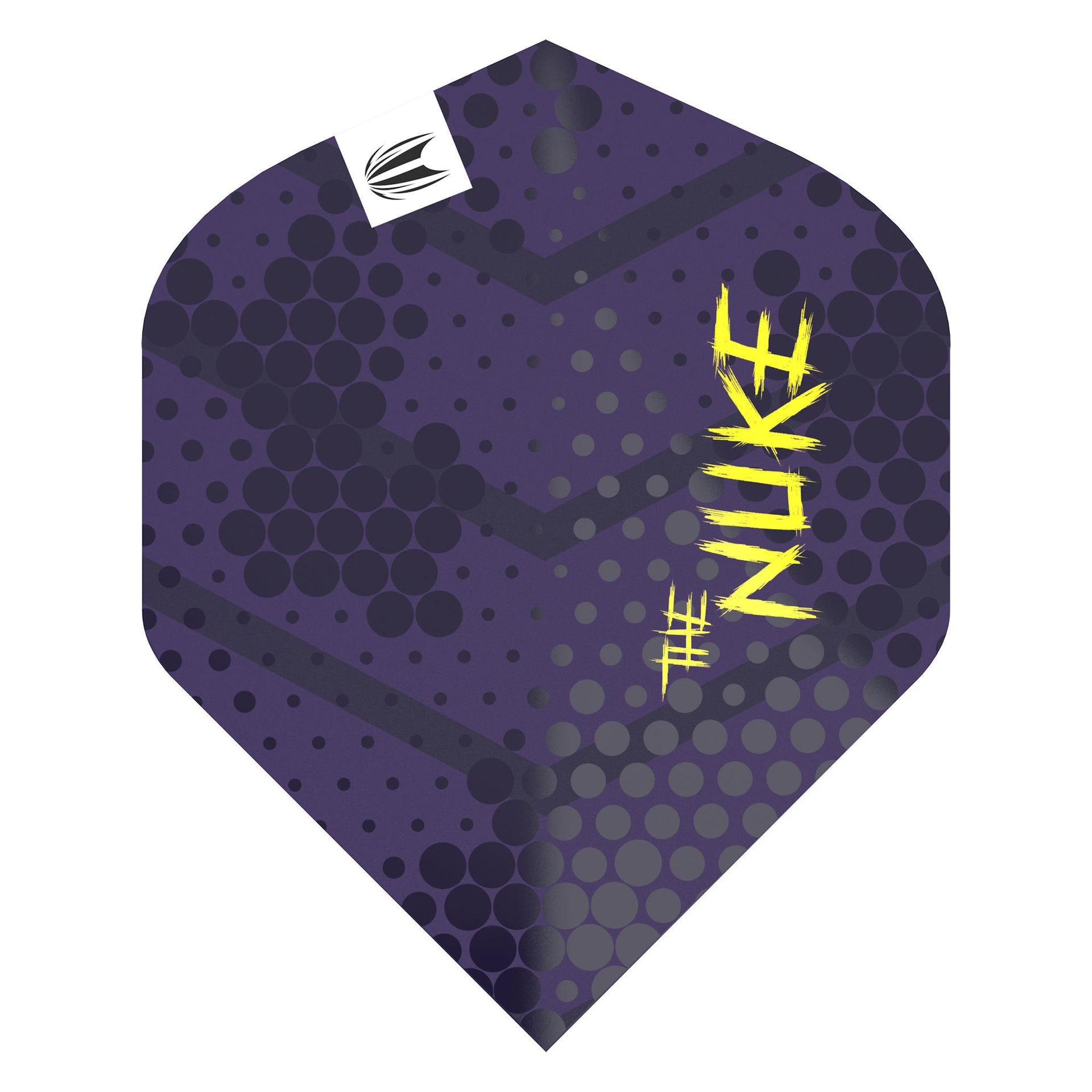 Luke Littler No. 2 Pro Ultra Flights flat view purple flights with yellow lettering "the nuke" on white background