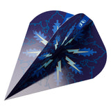 Blue dart flight with lightning bolt design on a white background in dynamic view