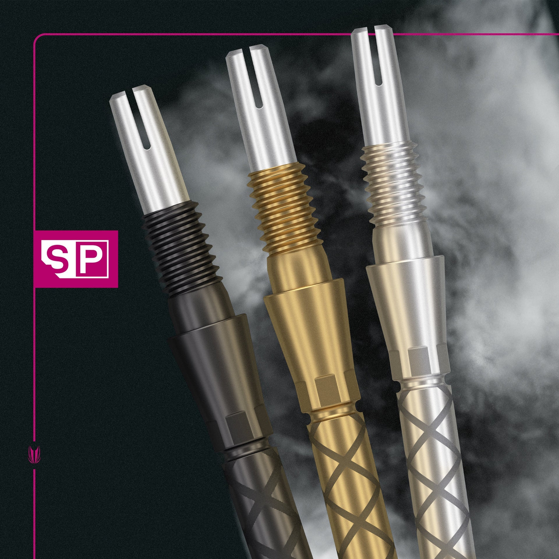Swiss Storm Diamond Pro Points showing three colour options gold, black and silver on a smoky black background