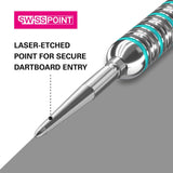 Swiss Storm LNC Points, silver metal dart points with fine laser-etched grooves and a smooth central section for secure entry.