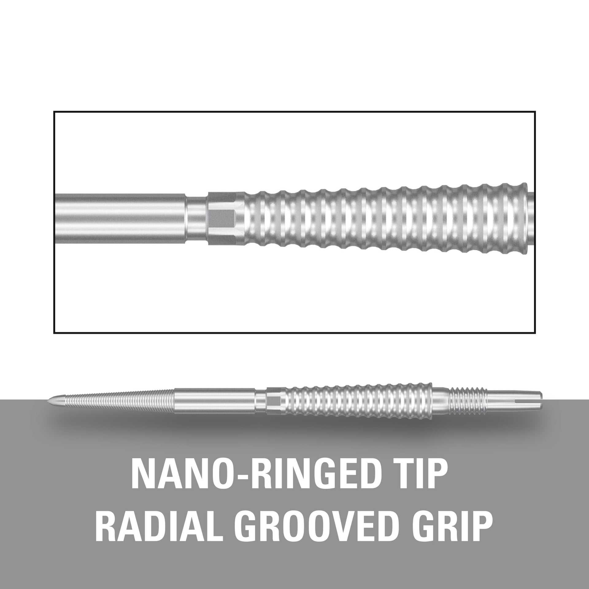 Swiss Storm LNC Points are silver metal dart points with nano-ringed tips and a radial-grooved grip.