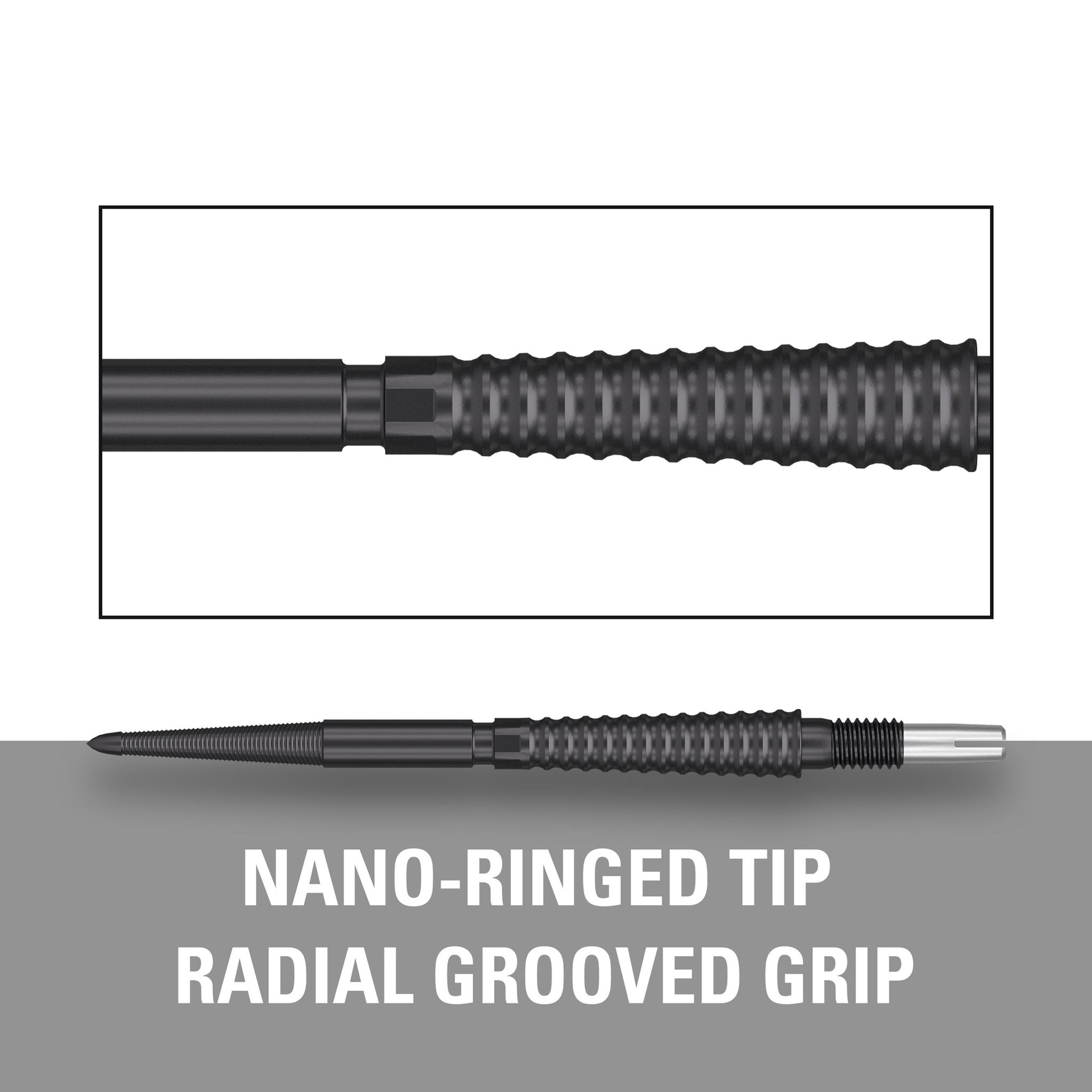 Swiss Storm LNC Points, black metal dart tips with nano-ringed fronts and radial grooves along the grip.