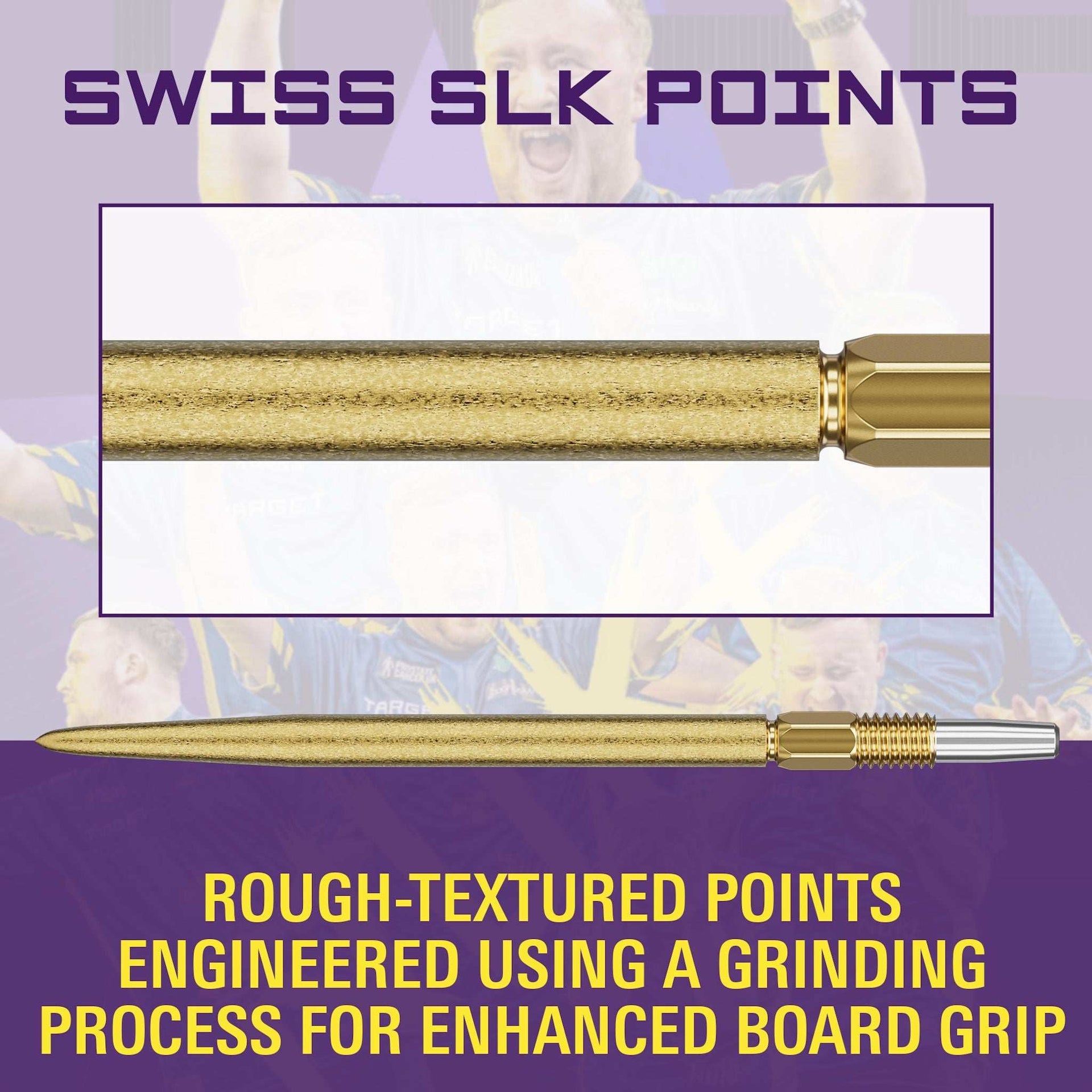 Swiss SLK Points gold precision-ground dart points with rough texture for board grip and reduced bounce-outs.