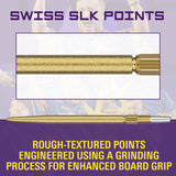 Swiss SLK Points gold precision-ground dart points with rough texture for board grip and reduced bounce-outs.