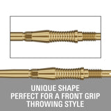 Swiss RST Points gold with text highlighting their unique shape for front grip throwing style.