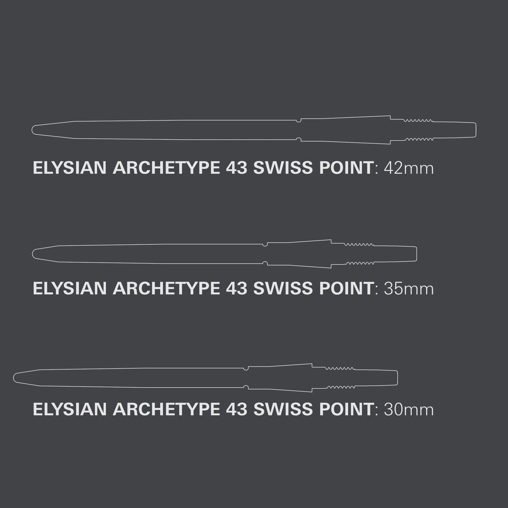 Three sizes of Elysian Archetype 43 Swiss points on a gray background with measurements.