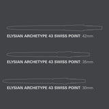 Three sizes of Elysian Archetype 43 Swiss points on a gray background with measurements.
