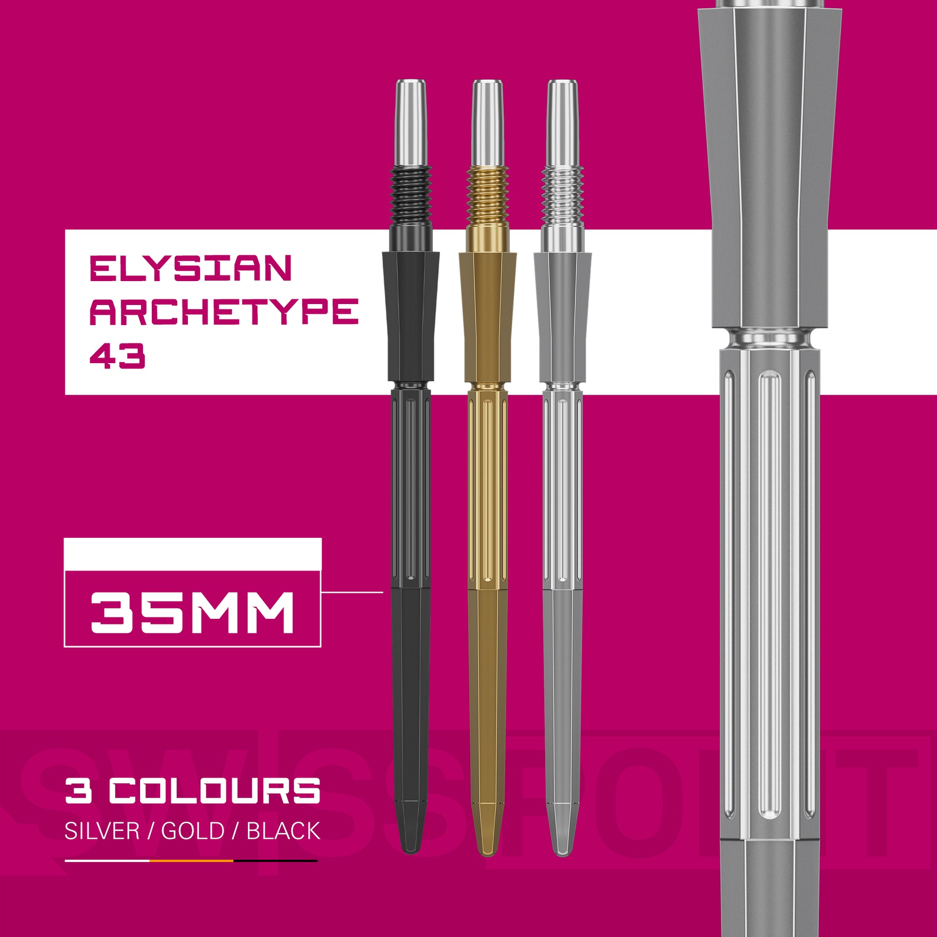 Swiss Elysian Archetype 43 POINTS with silver, gold, and black finishes on a pink background with text indicating 'Elysian Archetype 43' and '35MM'.