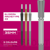 Swiss Elysian Archetype 43 POINTS with silver, gold, and black finishes on a pink background with text indicating 'Elysian Archetype 43' and '35MM'.