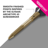 Swiss Elysian Archetype 43 Gold Points  with text about smooth finished points inspired by Elysian Archetype 43 on a gray background.