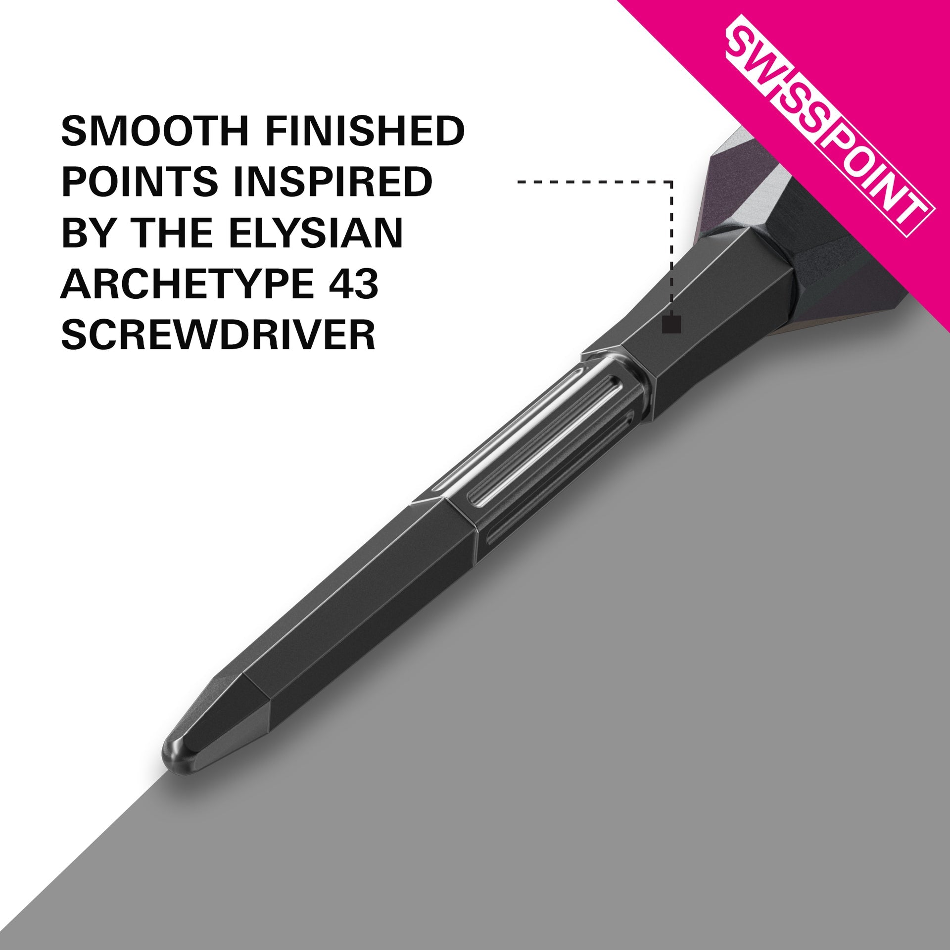 Swiss Elysian Archetype 43 Black Points with text about smooth finished points inspired by Elysian Archetype 43, branded 'Swisspoint'.