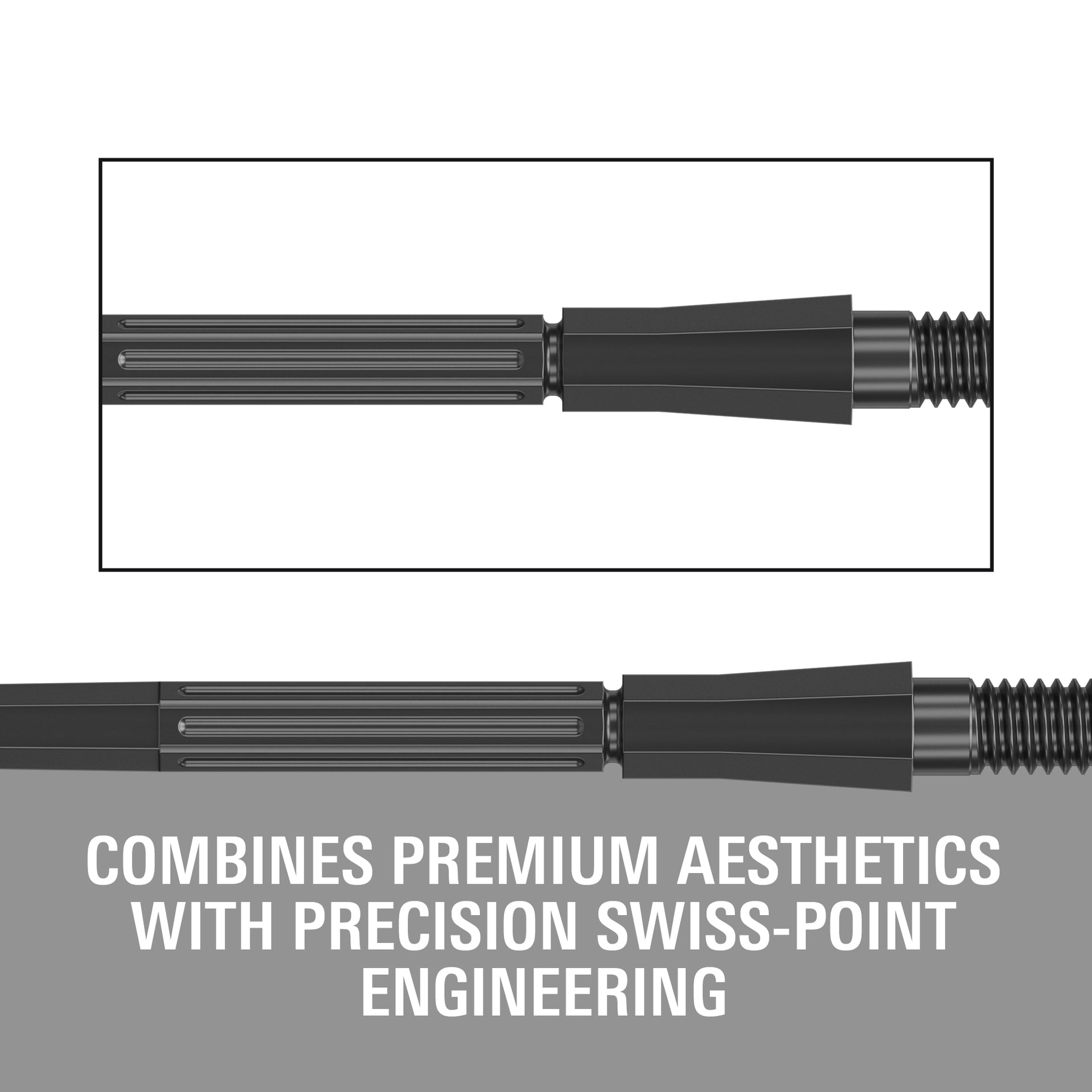 Swiss Elysian Archetype 43 Black Points  with text highlighting premium aesthetics and Swiss-point engineering on a gray background