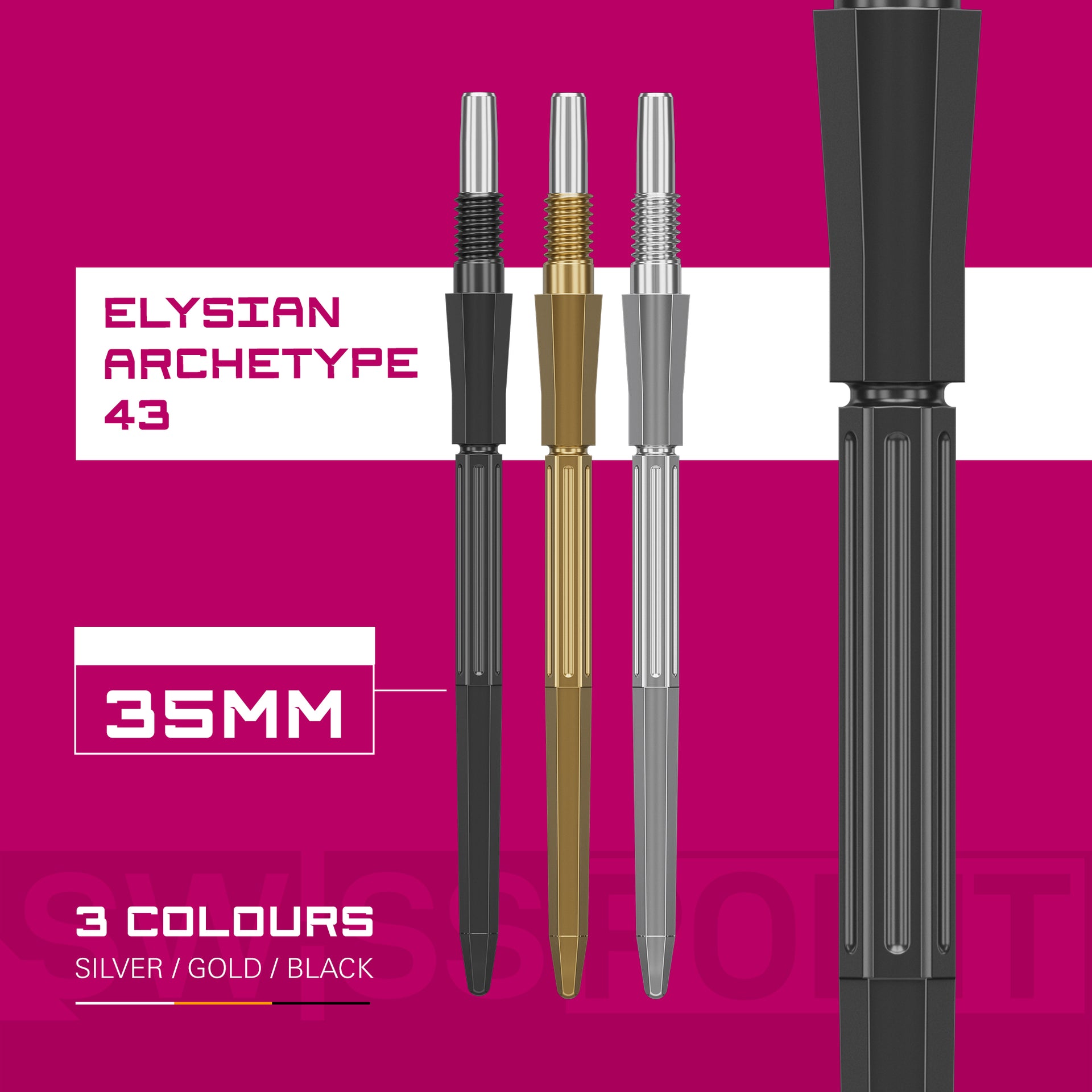 Swiss Elysian Archetype 43 Points  with silver, gold, and black finishes on a pink background with text indicating 'Elysian Archetype 43' and '35MM'.
