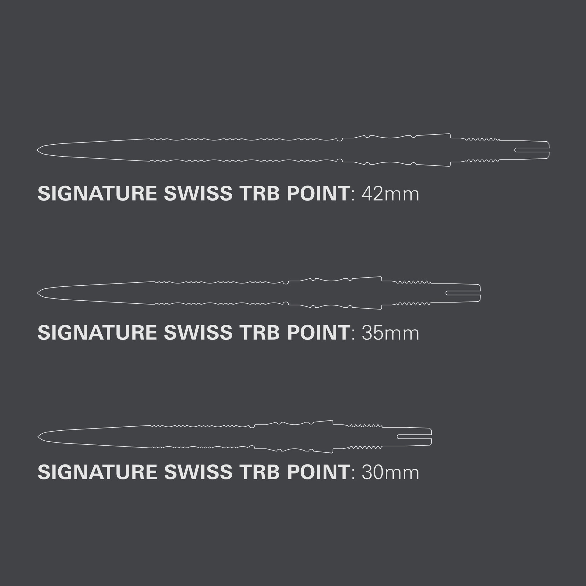 Three different sizes of Signature Swiss TRB Points on a gray background