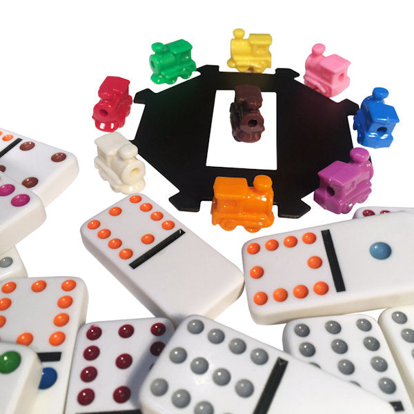 Mexican Train Double 12 w/Case - Dots close up of pieces and dominoes