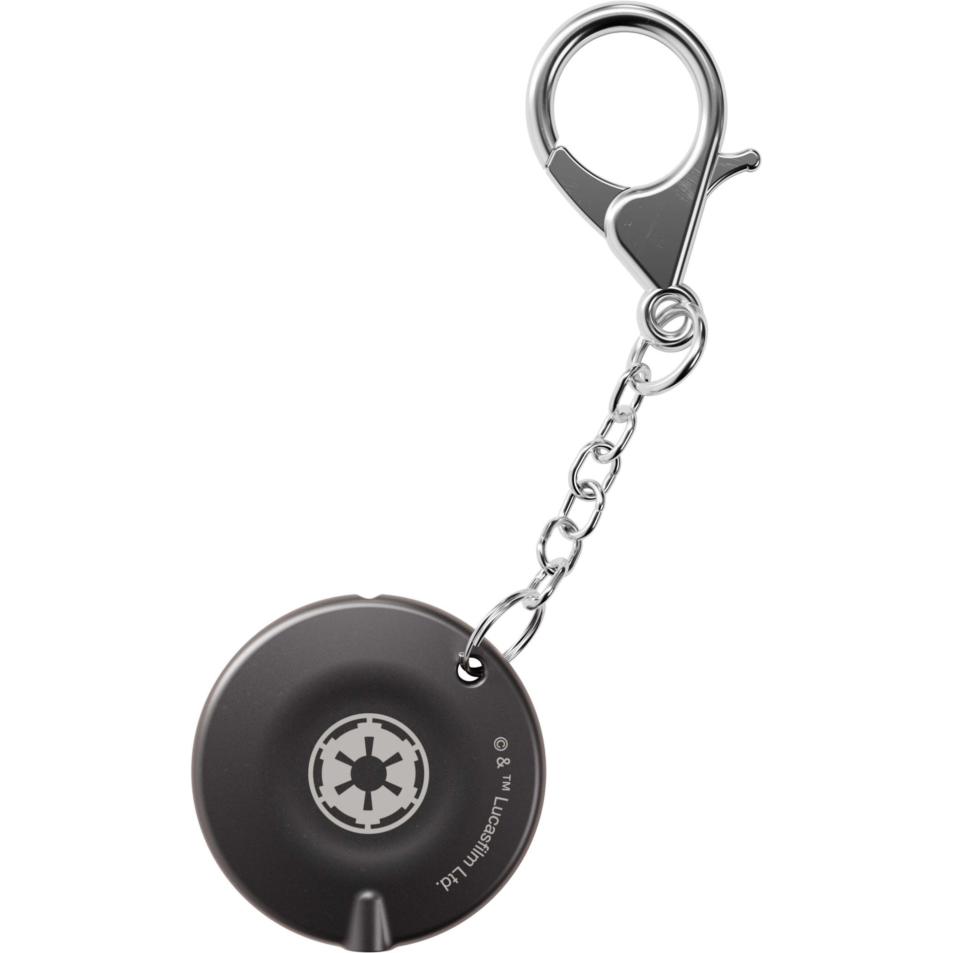 Second side of the swiss tool shown as keychain with a silver clasp on a white background