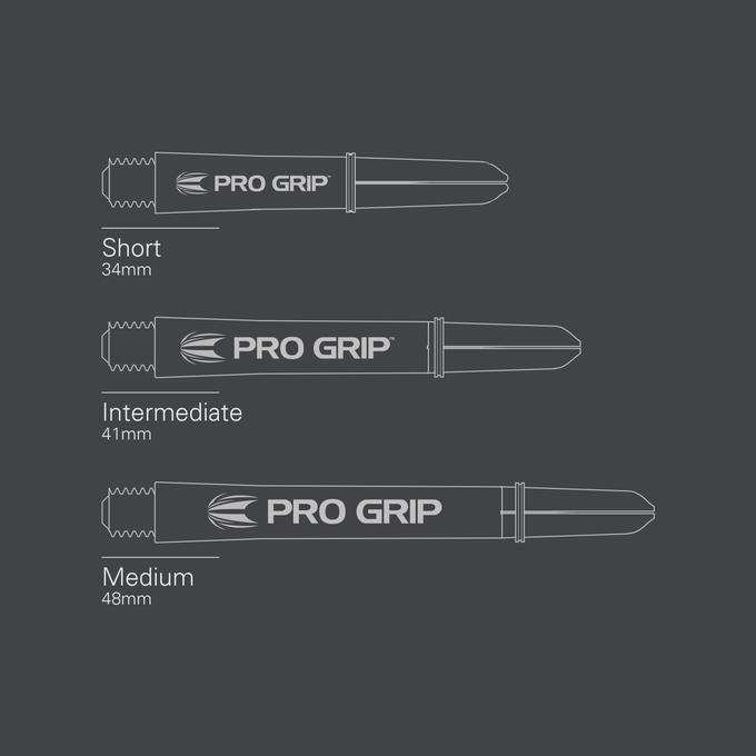 Pro Grip Nylon Shafts in short, intermediate, and medium sizes with smooth lead-in and durable nylon construction for secure dart flight grip