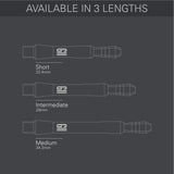 Three sizes of a Power Titanium GX2 Shaft with their respective lengths on a dark gray background.