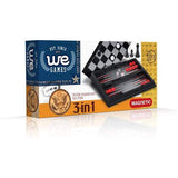 Magnetic 3N1 Chess Checker Backgammon travel set with foldable magnetized reversible board and playing pieces by WE Games